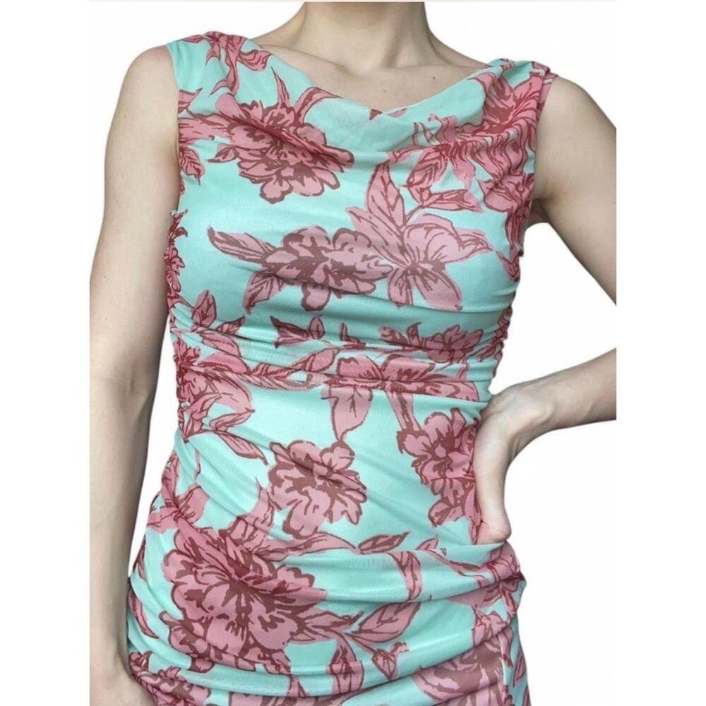 Mint Green and Pink Form-fitting Floral Maxi Dress with Leg Slit size M - Picture 2 of 6